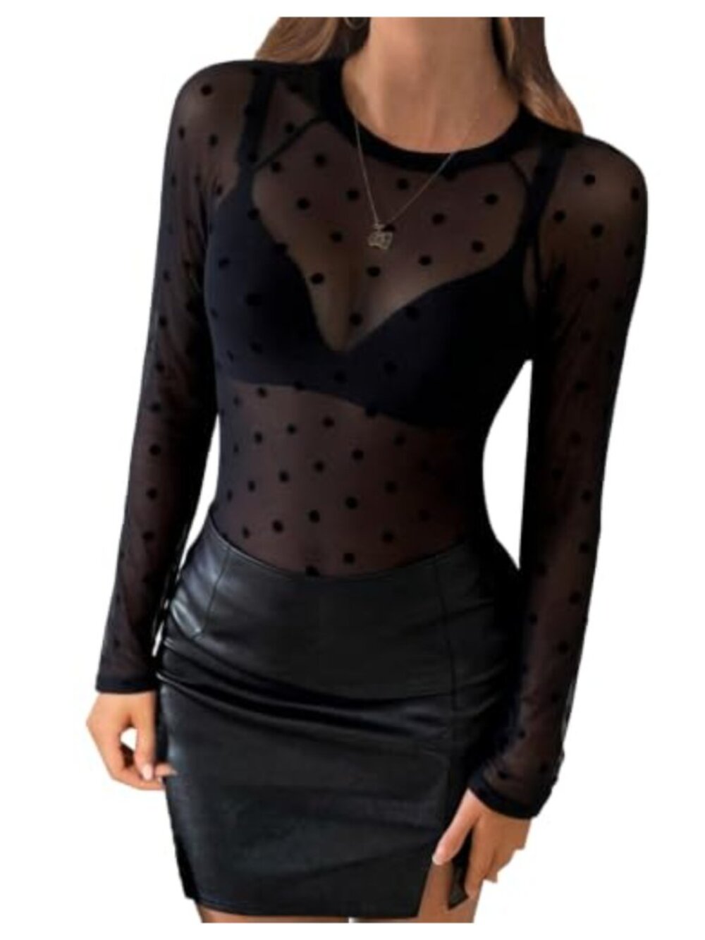 Floral Mesh Top Long Sleeve See Through Crew Neck Fitted Going Out Layering